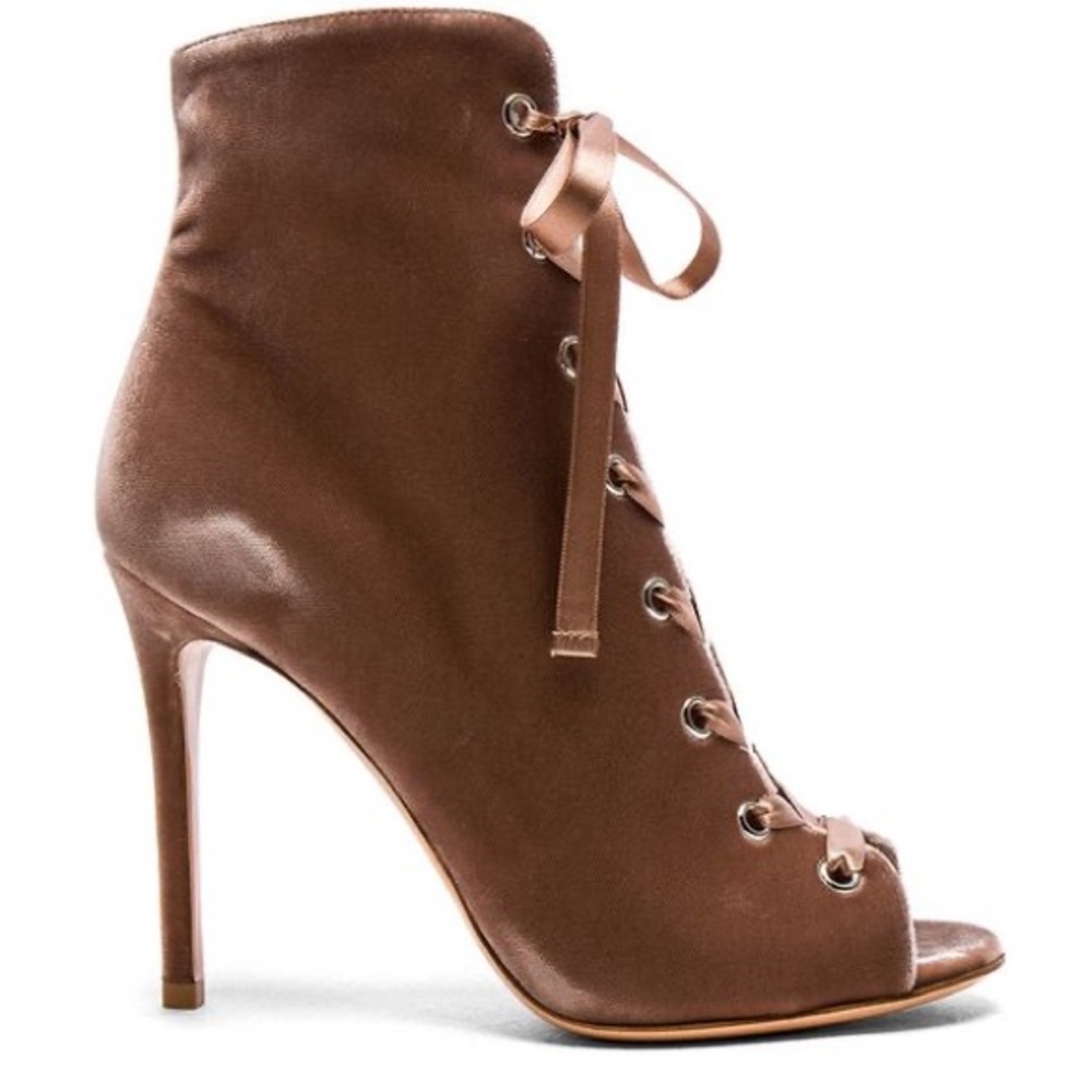 Gianvito Rossi Marie Velvet Ankle Boots Lace Up Open Toe